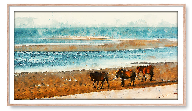 Wild horses walking on the beach. Watercolor. Digital Artwork for the Samsung Frame TV