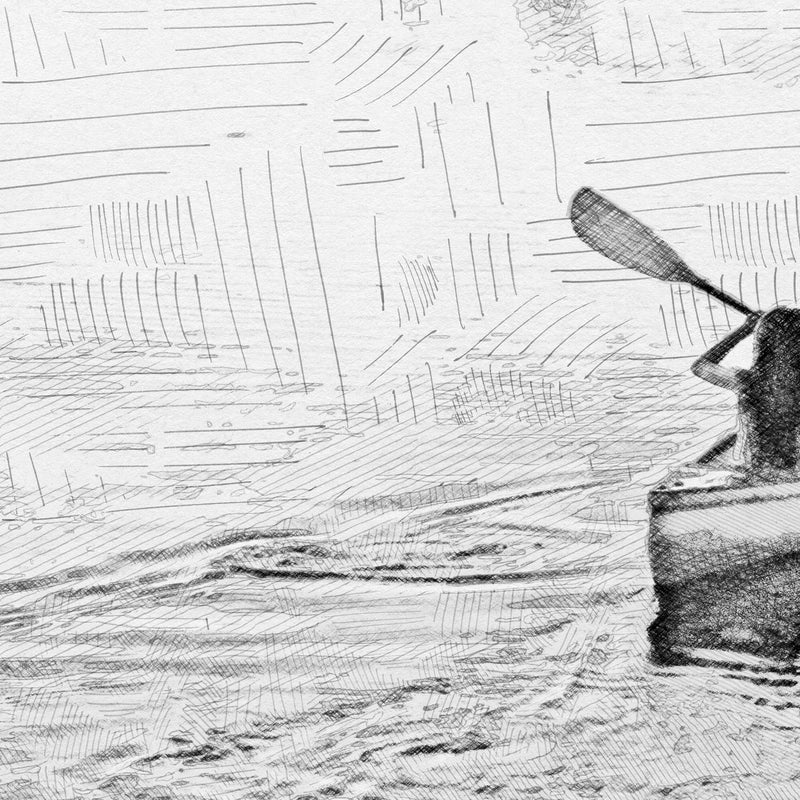 Woman Canoeing in a Lake, Digital Pencil Sketch. Digital print for frame.